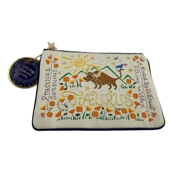 Taurus Zodiac Embroidered Canvas Pouch by Catstudio 8"Wx5.5"H - Picture 2 of 5